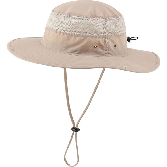 Unisex Light Khaki 100% Polyester Wide Brim Boonie Mesh Chin Strap Bucket Hat - Picture 2 of 6